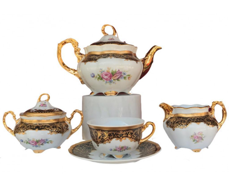 King El Yapımı Çekoslavak Bolero Cobalt Siyah Çay Fincan Takımı 15 Parça