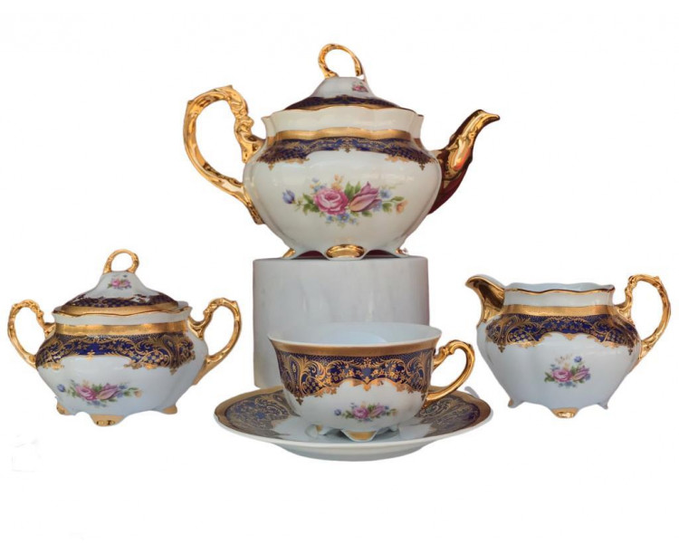 King El Yapımı Çekoslavak Bolero Cobalt Lacivert Çay Fincan Takımı 15 Parça