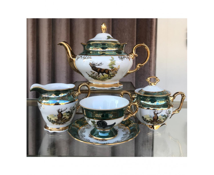 King El Yapımı Çekoslavak Zvırata Yeşil Çay Fincan Takımı 15 Parça