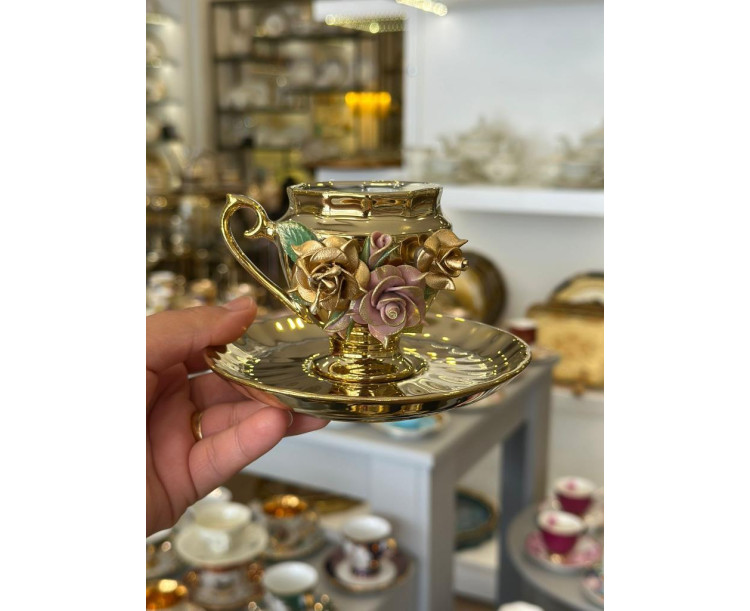 El yapımı güllü türk kahve fincan takımı 6 lı Lila