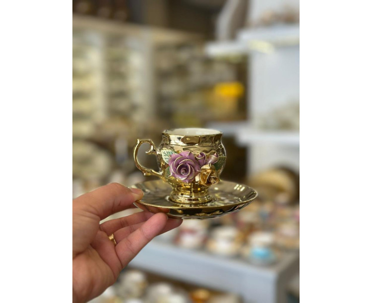 El yapımı güllü türk kahve fincan takımı 6 lı pembe