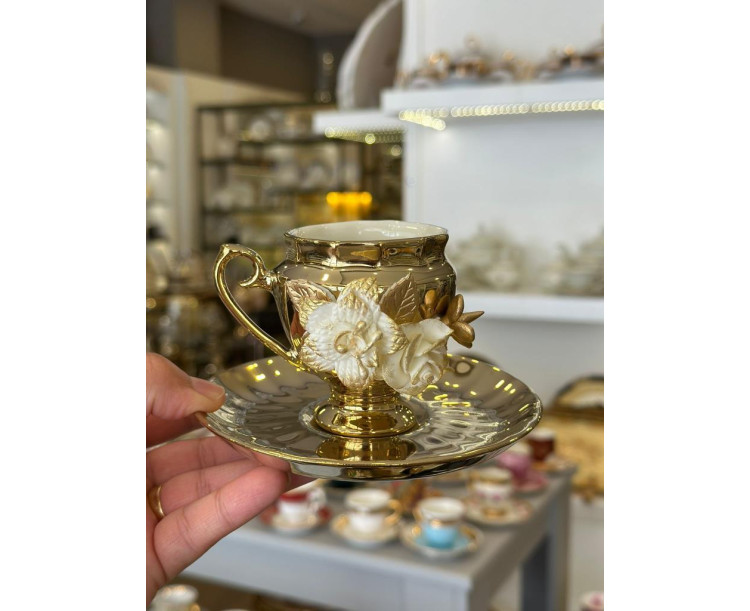 El yapımı güllü türk kahve fincan takımı 6 lı