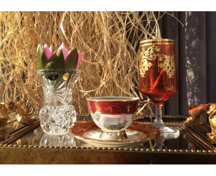 King El Yapımı Çekoslavak Zvırata Bordo Kahve Fincan Takımı 6'Lı