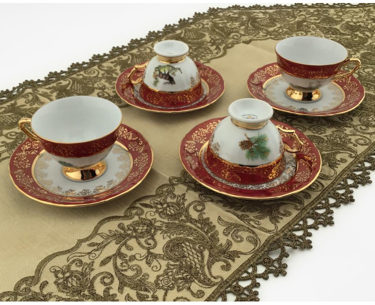 King El Yapımı Çekoslavak Zvırata Bordo Kahve Fincan Takımı 6'Lı