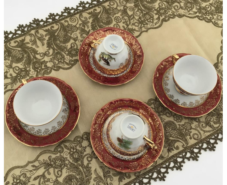 King El Yapımı Çekoslavak Zvırata Bordo Kahve Fincan Takımı 6'Lı