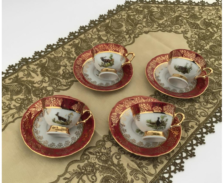 King El Yapımı Çekoslavak Zvırata Bordo Kahve Fincan Takımı 6'Lı