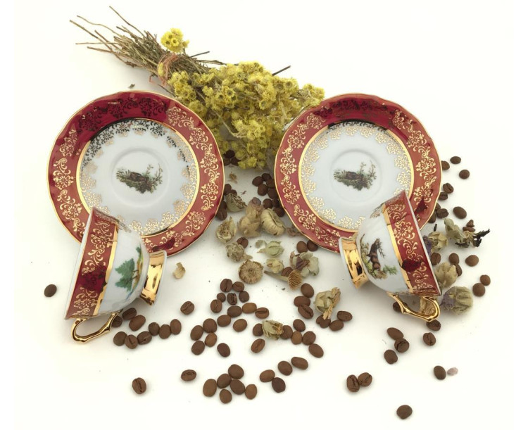 King El Yapımı Çekoslavak Zvırata Bordo Kahve Fincan Takımı 6'Lı