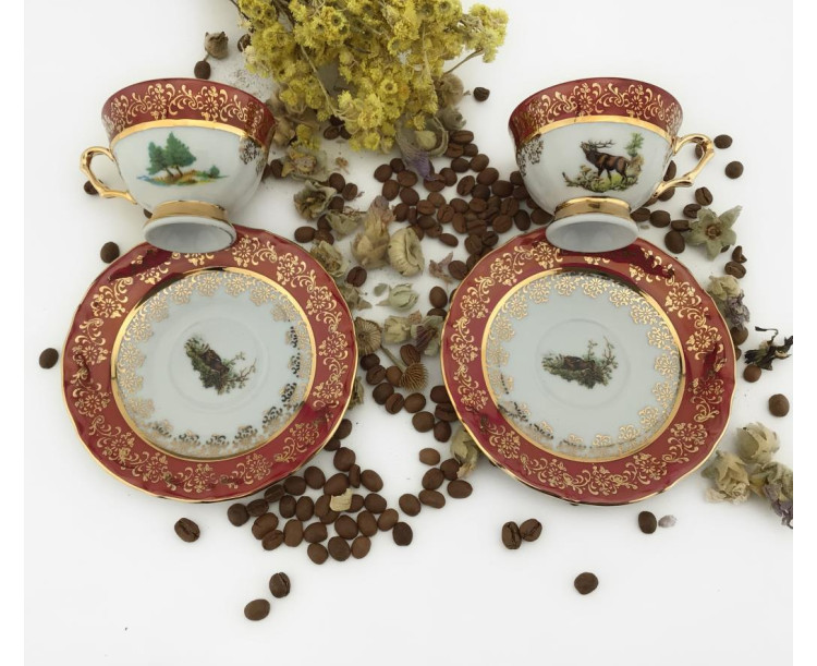 King El Yapımı Çekoslavak Zvırata Bordo Kahve Fincan Takımı 6'Lı