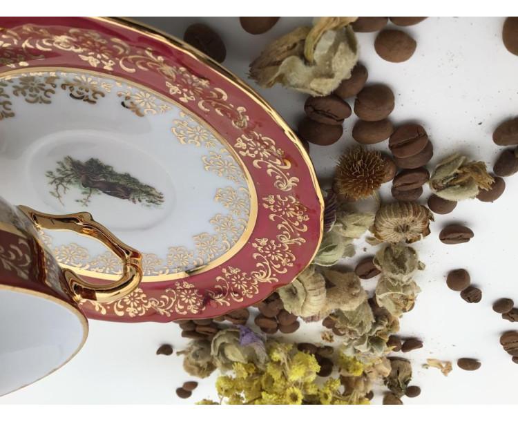 King El Yapımı Çekoslavak Zvırata Bordo Kahve Fincan Takımı 6'Lı