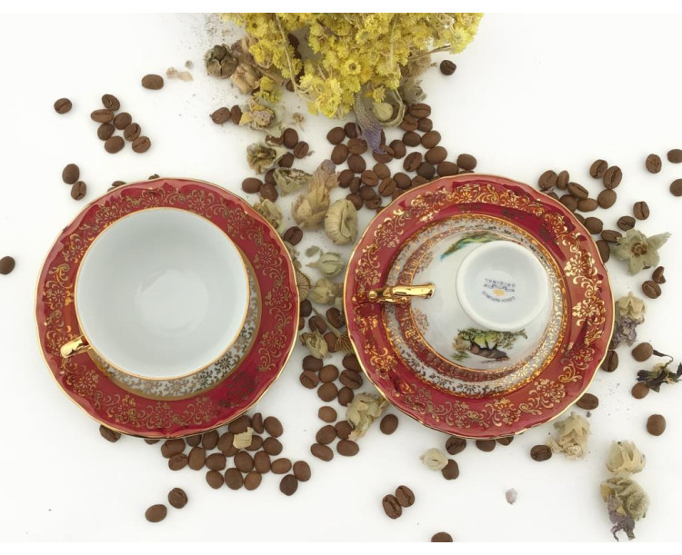 King El Yapımı Çekoslavak Zvırata Bordo Kahve Fincan Takımı 6'Lı