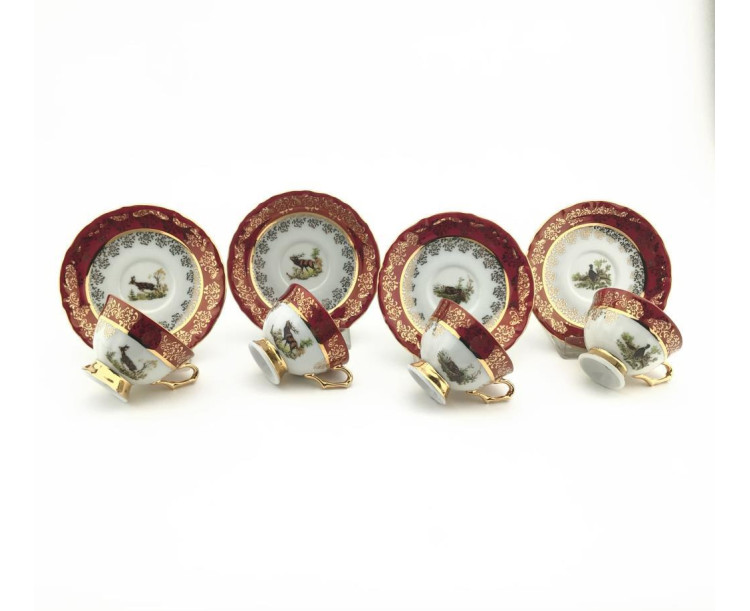 King El Yapımı Çekoslavak Zvırata Bordo Kahve Fincan Takımı 6'Lı