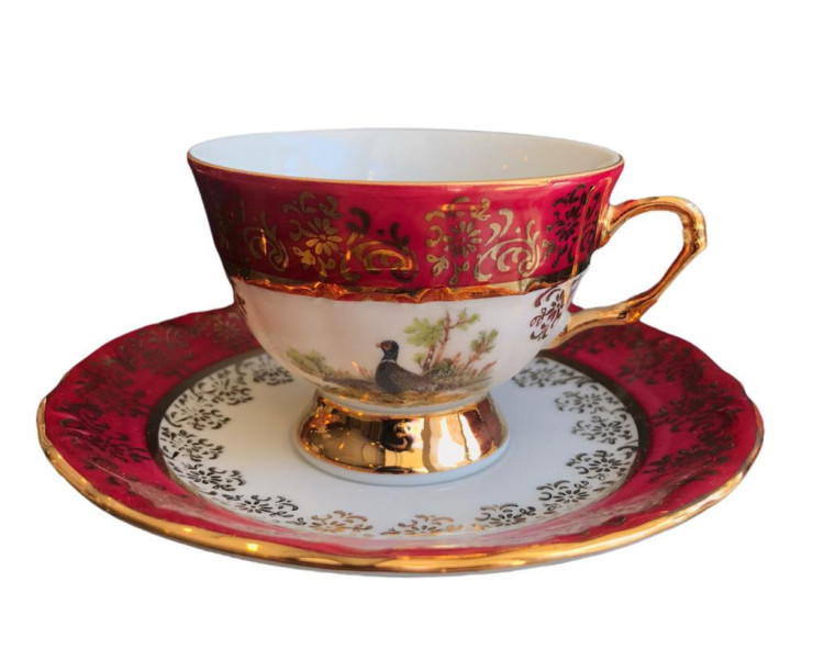 King El Yapımı Çekoslavak Zvırata Bordo Kahve Fincan Takımı 6'Lı