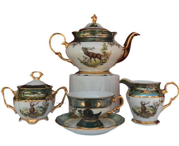 King El Yapımı Çekoslavak Zvırata Yeşil Çay Fincan Takımı 15 Parça