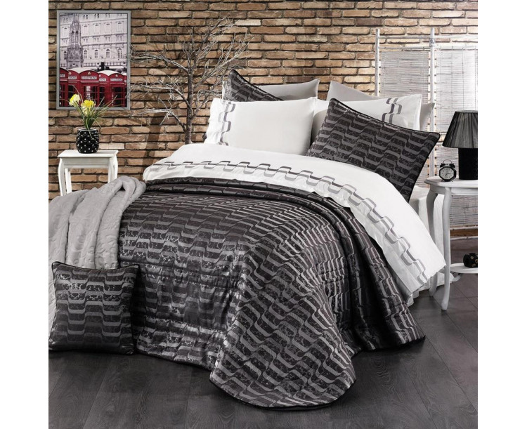 Nazik Vella Çift Kişilik Nevresim Takımı ve Yatak Örtüsü Seti 12 Parça GRİ